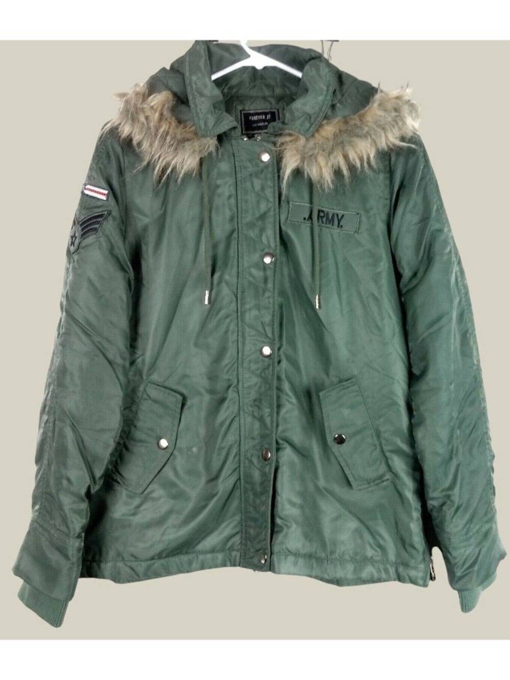 Forever 21 Military Quilted Parka Jacket Womens Large Green Faux Fur Streetwear